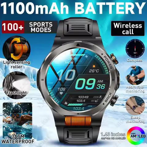 New 1100mAh Large Battery Smart Watch 1.43" AMOLED Touchscreen Bluetooth Smartwatch Men Sleep Heart 
