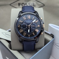 Fossil Watch Genuine Leather Strap Cool Black Dark Blue Three-Eye Chronograph Business Casual Quartz Movement Waterproof Men's Watch