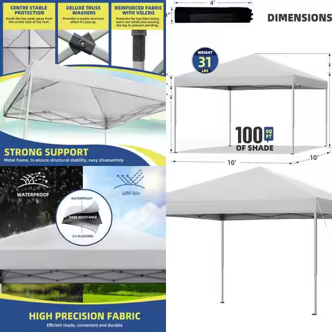 Portable 10x10 White Pop-Up Canopy Tent with Rolling Bag