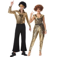 Adults Retro 70s Hippie Disco Costume Vintage Gold Couple Outfit Matching Nightclub Dance Stage Perf