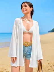 SHEIN 少女白色透視寬鬆絲棉混紡開襟外套，適合沙灘或游泳防曬