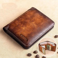 Dompet kulit lembu lapisan pertama untuk lelaki, Dompet tiga kali ganda retro, anti-penipuan, ultra 