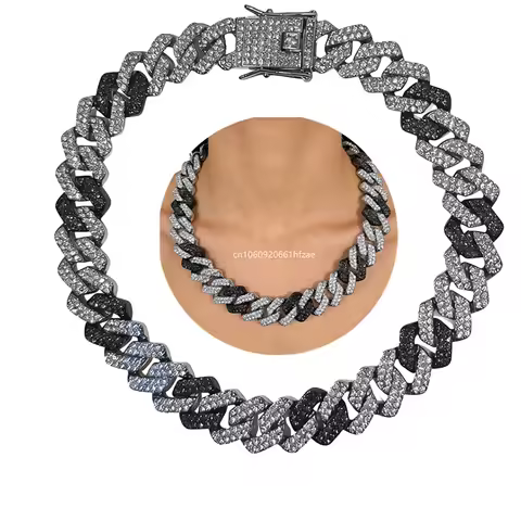 Hip Hop 14mm Prong Cuban Chain Full Iced Out Pave Black Silver 2 Tone Color Miami CZ Bling Rapper Ne