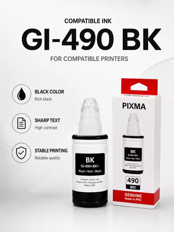 GI-490BK Black Ink Bottle Refill Compatible for Canon PIXMA Printer High Yield Ink