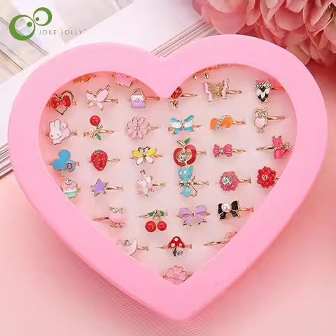 10/20/36 pcs Cute Adjustable Rings Children Girls Pretend Play Makeup Toys Cartoon Crystal Jewelry A