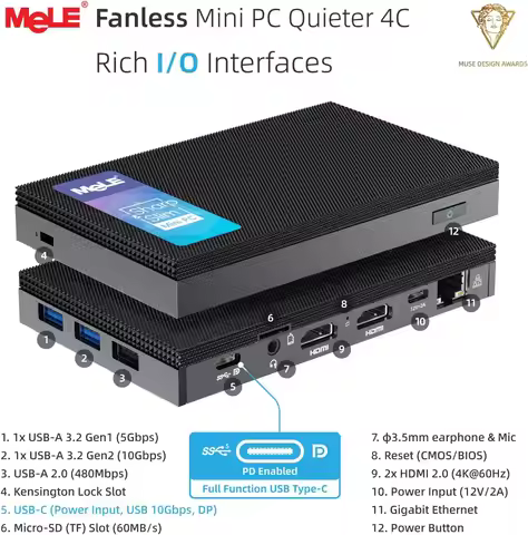 MeLE Quieter4C Fanless Mini PC N150 32GB 1TB Micro Desktop Computer,4K,Dual HDMI,All-in-One USB C Di