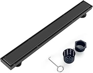 Offset Linear Shower Drain, Black Shower Drain 32 inch with 2-in-1 Tile Insert Cover, Brushed 304 St
