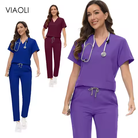 Medical Scrubs Women Hospital Nurses Uniforms Short Sleeve Nursing Scrubs Uniforms Sets Solid Color 