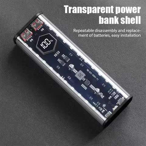 4*21700 DIY Power Bank Case PD22.5W Powerbank Case 21700 LED Screen Transparent Battery Storage Shel