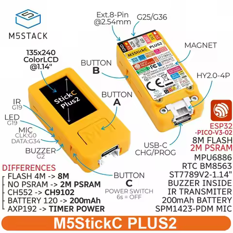 Original M5StickC PLUS2 ESP32 Mini IoT Development Kit WiFi IR 1.14-inch TFT Screen IoT Controller E