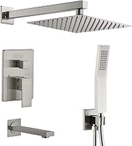 ROVATE Shower Faucet Set with Tub Spout Brushed Nickel, 3-Function 10 Inch Bathroom Rain Shower System with High Pressure Rainfall Shower Head and Handheld, Tub Shower Faucet Sets with Rough-in Valve