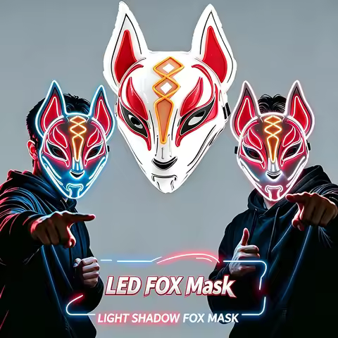 LED Fox Mask Neon Light Up Japanese Kitsune Mask for Halloween Cosplay Party Rave Festival Costume G