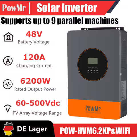 PowMr 6200W 48V Hybrid Solar Inverter Charger 120A MPPT Pure Sine Wave BMS Parallel 9 Units Dual Out