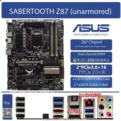 ASUS SABERTOOTH Z87 Motherboard ATX Intel Z87 LGA1150 DDR3 SATA3 HDMI DP SPDIF for Intel Core i7/i5/