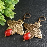 Brass Dragonfly Cherry Ruby Red Marsala Maroon Large Long Earrings Jewelry Gift