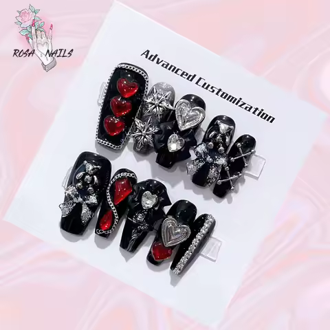 ROSA NAIL Handmade y2k Punk Style Press on Nails Medium Long Coffin Hand-painted Gothic Reusable Met