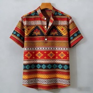 Vintage Aztec Geometric Print Stand Collar Pullover Shirt Men's Casual Short Sleeve Beach T-Shirt