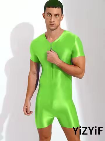 Men Glossy Stretchy Bodysuit Wrestling Singlet Swimwear Bodybuilding Bottoms Shorty Jumpsuit Zipper
