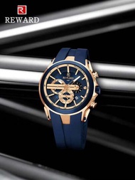 REWARD 1入組男士藍色矽膠錶帶時尚計時碼表防水字母圖形圓形錶盤石英手錶適合日常裝飾