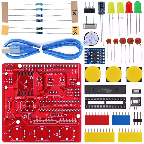 OPEN-SMART Soldering Parts Kit - Red DIY ATmega328P Development Board CH340 Driver with Buzzer LED B