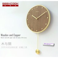 Wooden Silent Wall Clock Wood Metal Frame Brass Scale Modern Aluminum Pendulum Copper (Bingkai Logam