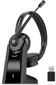 Vonztek Bluetooth Headset, Wireless Headset with Microphone Noise Canceling, On-Ear Headphones with Charging Base &amp; USB Dongle, V5.0 Dual Connect Handsfree for Work/Call Center/Teams/PC/Laptop