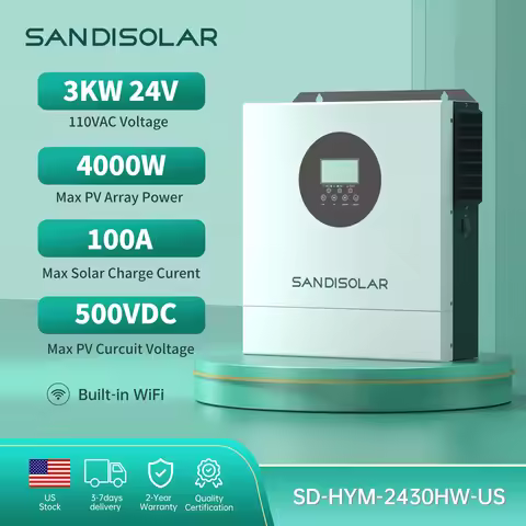 SANDISOLAR Off Grid Solar Inverter 3KW 24V to 110V AC Pure Sine Wave with WiFi 100A MPPT 500VDC No B