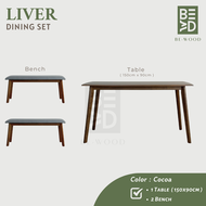 LIVER Dining Table Set 150x90cm Fully Solid Wood Meja Makan Murah White Wash / Cocoa (BE WOOD)