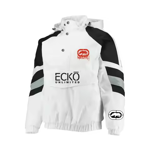 Male Hip‑Hop Pullover Hooded Jacket Ecko Unltd Rhino Logo Multi‑Color Splice Half Snap Button Windpr