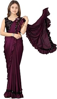 Kids Lycra Blend Ready To Wear Saree With Sequence Blouse Piece