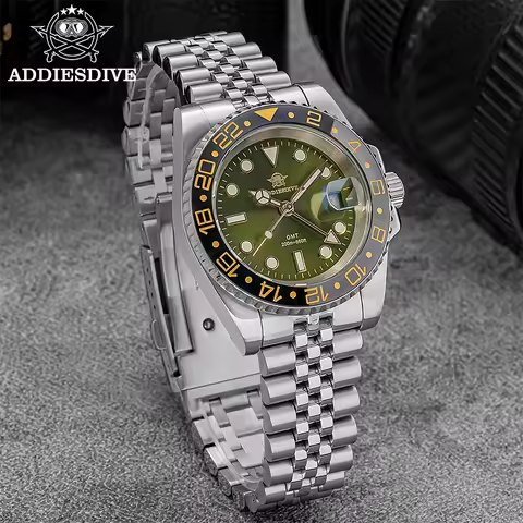 ADDIESDIVE Top Brand AD2050 Men's GMT Quartz Watch Stainless Steel 200M Diver Watches Relogio Mascul