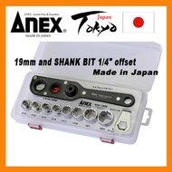 ANEX 19 mm socket and SHANK BIT 1/4" offset adapter with socket set AOA-19S2 Japan made