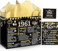 MOIZYNG 65th Birthday Gift Bag for Men Women, Vintage Black Gold Back in 1961 Gift Wrap Bags with Ha