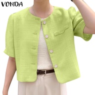 Vonda Women Korean Daily Casual Round Neck Open Placket Short Sleeves Blazer