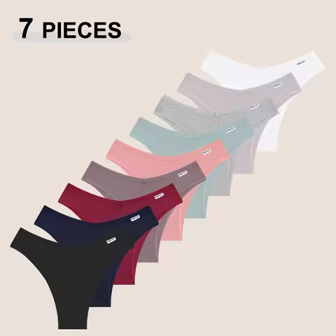 FINETOO 7PCS V-Waist Cotton Bikini Pants Seamless Low Rise T-Back Brazilian Underwear Comfortable Un
