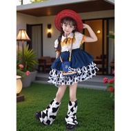 Girls Women Cowgirl Dress Black White Cow Print Ruffle Skirt Western Party Costume Outfit
