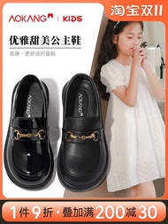 Aokang รองเท้าหนังผู้หญิง,รองเท้าส้นเตี้ยหนังรองเท้ารองเท้าเจ้าหญิงรองเท้าสำหรับเด็กอังกฤษพื้นนุ่ม2023หนังแท้สีดำใหม่