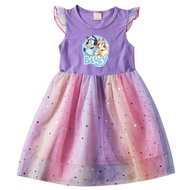 Ready Stock Bluey Blue Dog Cartoon Print Girl Dress Casual Cartoon Cosplay Costume 100-140cm