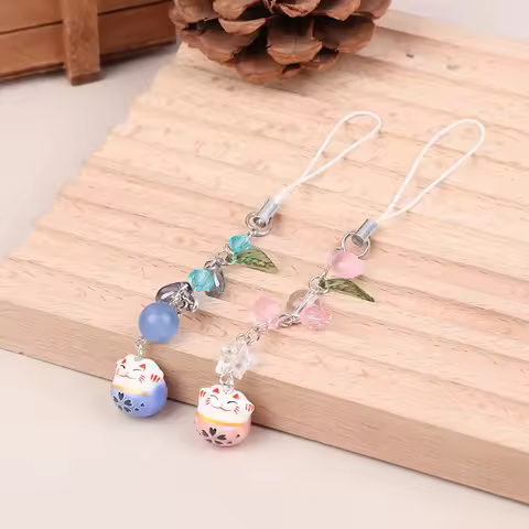 Handmade Blue Lucky Cat Phone Charm Green Leaf Chram Beaded Keychain Blue Lucky Cat Keychain Cosplay