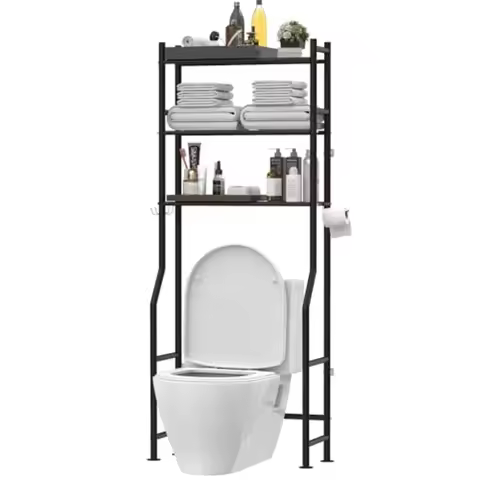 3-Tier Over The Toilet Storage Freestanding Metal Bathroom Shelves with 4 Hooks Over Toilet Storage 