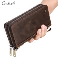 CONTACTS Genuine Leather Vintage Men Wallet Clutch Zipper Card Holder Male Purses Cover Long Wallets