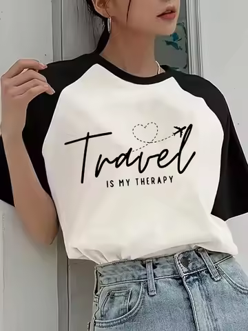 Women's 90s Crew Neck T Shirt Travel Is My Relax Casual T-Shirt Graphic Tees Tops with Letter and Ai
