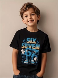 Boys 7th Birthday T-Shirt Number 67 & Lightning Bolt Design - Round Neck Short Sleeve Party Outfit f