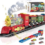 Train Set with Steam Engine, Cargo Car and Long Track for Toddlers 3-5, Rechargeable Battery Operated Play Red Train Toys with Smoke, Light &amp; Sounds, Gift for Kids, Boys &amp; Girls 4-7 Years