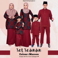 Baju Raya Sedondon Tema Warna Maroon (Merah Gelap) Set Family Ayah Ibu Anak Baju Kurung Baju Melayu 