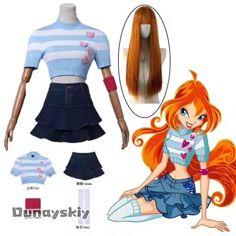 Bloom Cosplay Cartoon Fairy Anime Costume Blue Striated Sweater Vintage Denim Mini Skirts Women Suit