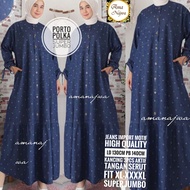 Porto Polka Dress Jumbo Jeans - Baju Gamis Jeans Ukuran besar - Long Dress Super Jumbo - Baju Muslim