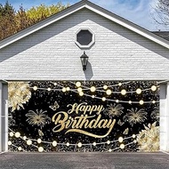 Birthday Garage Door Cover, Black Golden Happy Birthday Garage Door Banner 8 x 7 ft Fabric Golden Gl