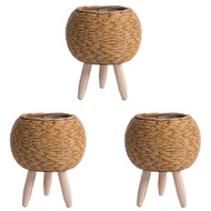 3X Vintage Imitation Rattan Woven Flower Shelf Handmade Storage Basket with Wooden Legs Plant Pot St