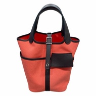 HERMES PICOTIN LOCK 18 手提包 帆布拼皮 粉橘色／咖啡色 銀色金具